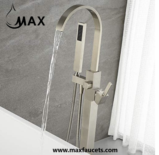 Tub Filler Faucet Floor Mounted Single Handle With Rough-in & Handheld Shower Brushed Nickel Finish
