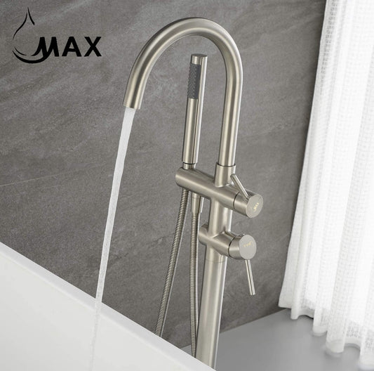 Tub Filler Faucet Single Handle Floor Mount With Rough-In And Handheld Brushed Nickel Finish