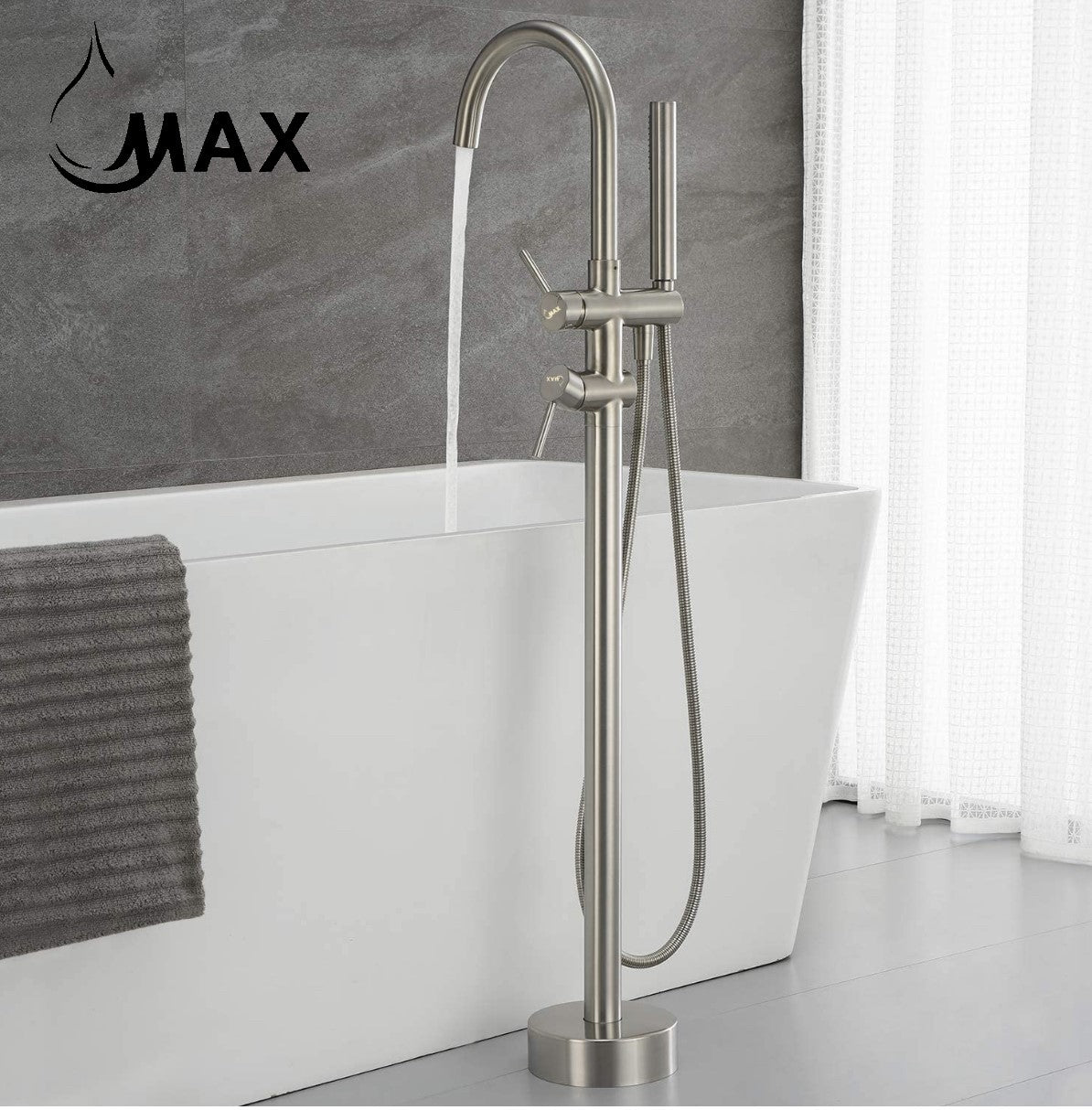 Tub Filler Faucet Single Handle Floor Mount With Rough-In And Handheld Brushed Nickel Finish