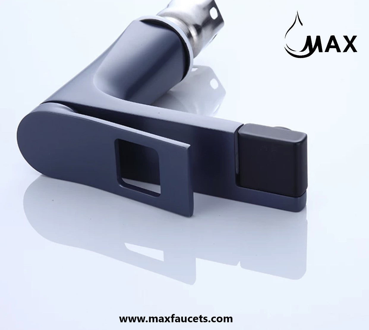 Single-handle control on grey and black bathroom sink faucet