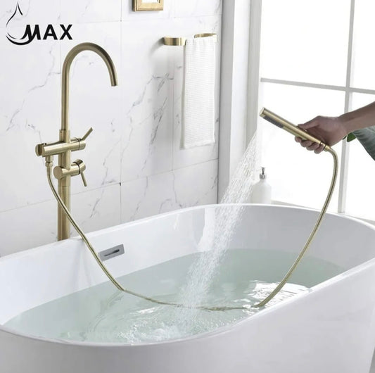Single Handle Floor Mount Tub Filler With Rough-In And Handheld In Brushed Gold Finish