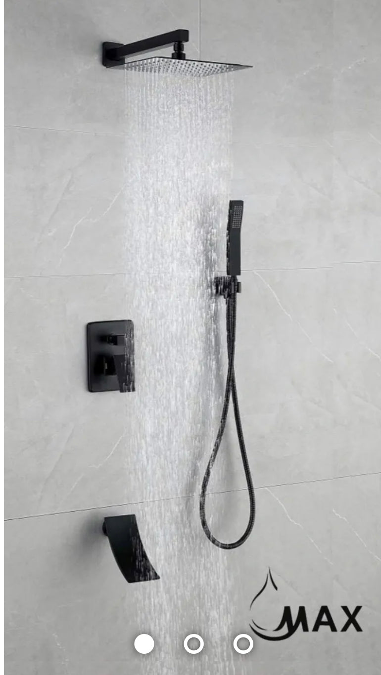 Waterfall Spout Shower System Set – Three Functions with Pressure Balance Valve | Matte Black Finish
