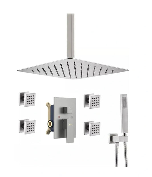 Ceiling Shower System Set Three Functions With 4 Body Jets Brushed Nickel Finish