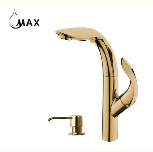 Pull-Out Kitchen Faucet 14" With Soap Dispenser In Shiny Gold