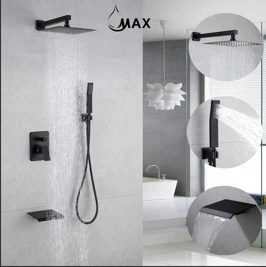 Tub Shower System Set Three Functions Waterfall Spout. In Matte Black Finish