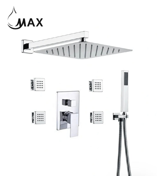 Wall Mounted Shower System Set Three Functions With 4 Body Jets and Pressure Balance Valve Chrome Finish