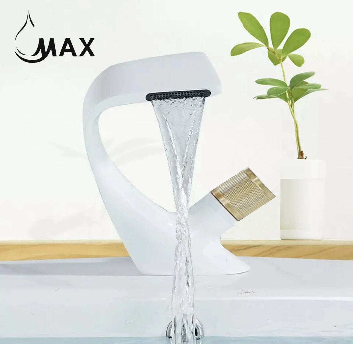 Waterfall Side Knob Contemporary Bathroom Faucet White Body, Gold Handle
