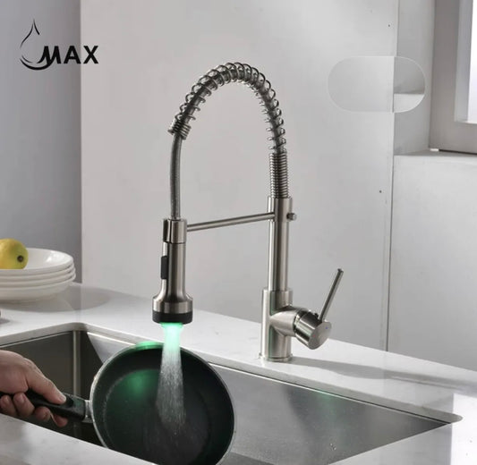 Pull-Down Spiral Flexible Kitchen Faucet 16.5" With LED Light  Brushed Nickel Finish