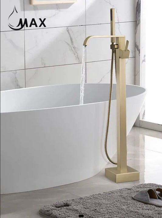 Waterfall Tub Filler Faucet Single Handle Floor Mounted With Rough-In And Handheld Brushed Gold Finish