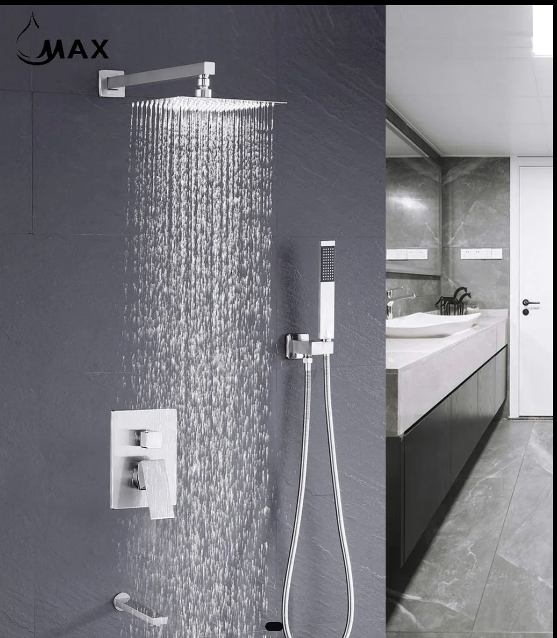 Square Tub Shower System Three Functions With Valve Brushed Nickel Finish