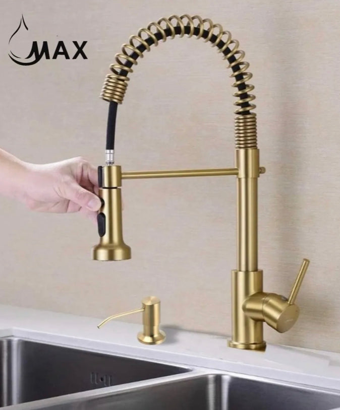Pull-Down Kitchen Faucet 16.5" Spiral Flexible With Soap Dispenser In Brushed Gold Finish
