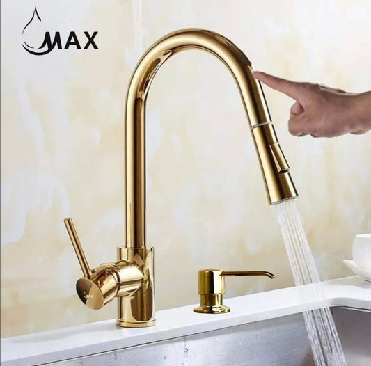 Smart Touch Kitchen Faucet Single Handle Pull-Out 16.5" With Soap Dispenser Shiny Gold Finish