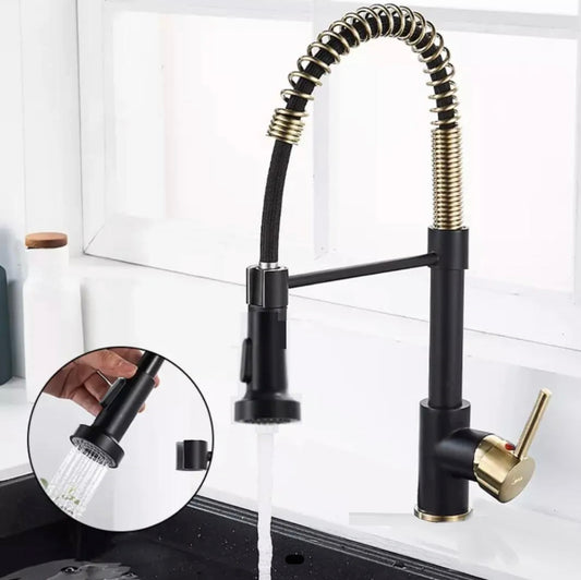 Pull-Down Spiral Flexible Kitchen Faucet 16.5" Matte Black,Shiny Gold Finish