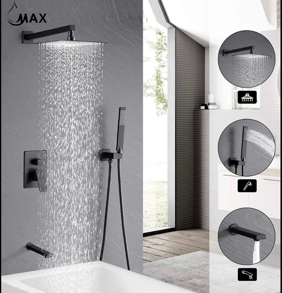 Square Tub Shower System Three Functions With Valve Matte Black Finish