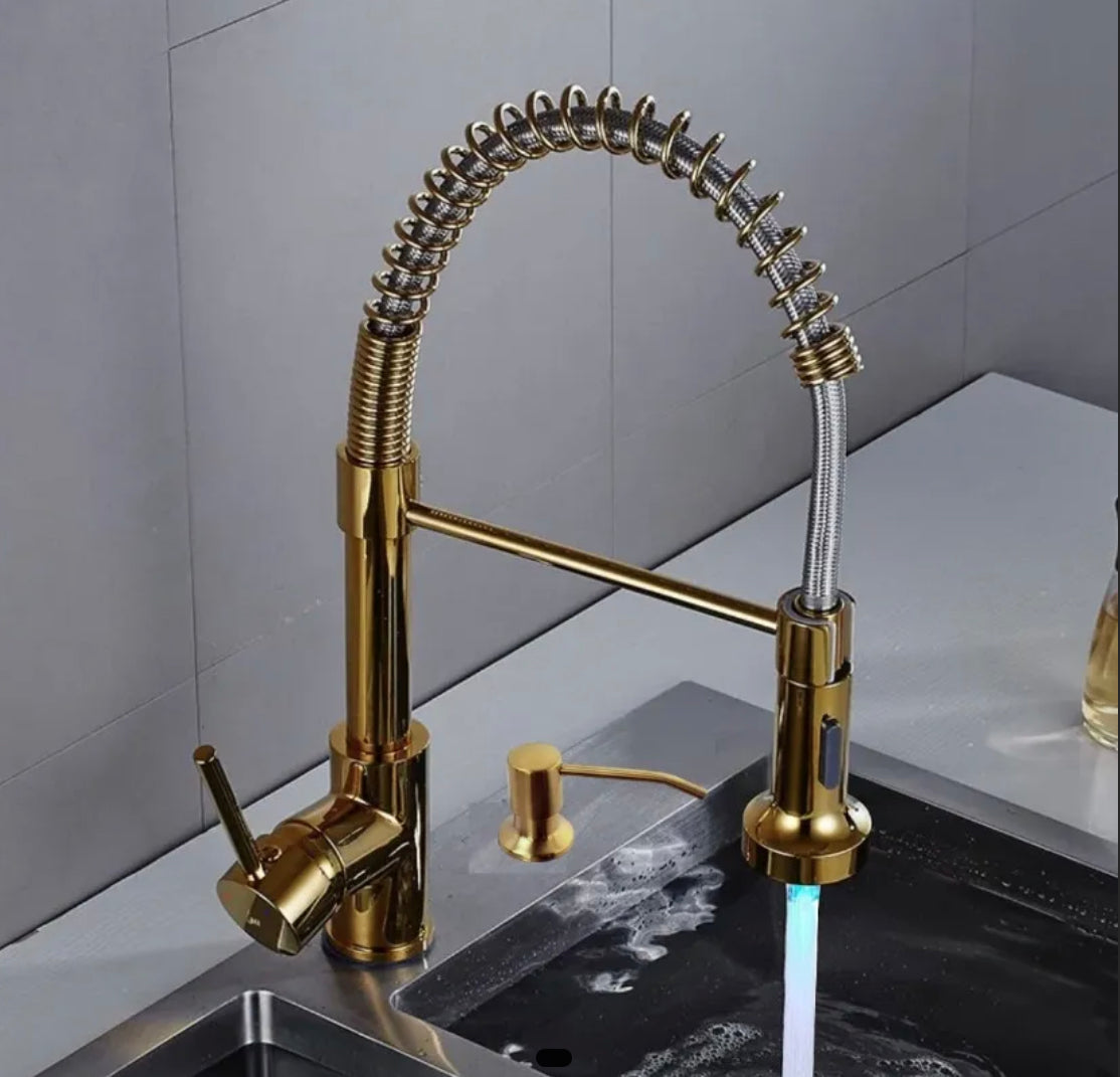 Pull-Down Spiral Flexible Kitchen Faucet 16.5" With LED Light And Soap Dispenser Shiny Gold Finish