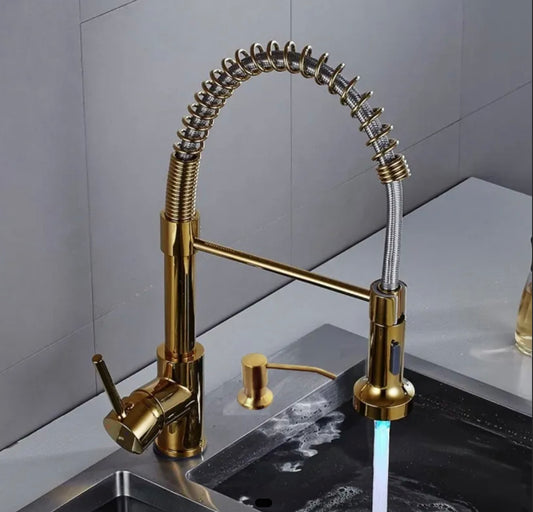 Pull-Down Spiral Flexible Kitchen Faucet 16.5" With LED Light And Soap Dispenser Shiny Gold Finish