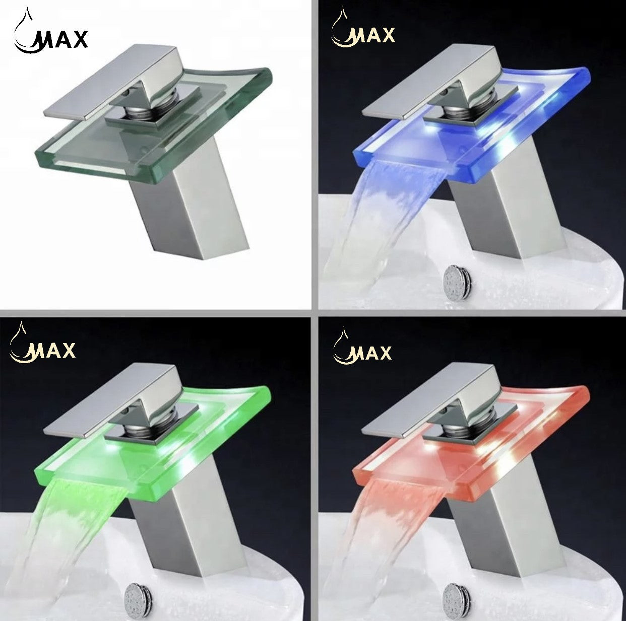 Glass waterfall faucet with LED lighting on a dark background, featuring the brand 'MAX'.