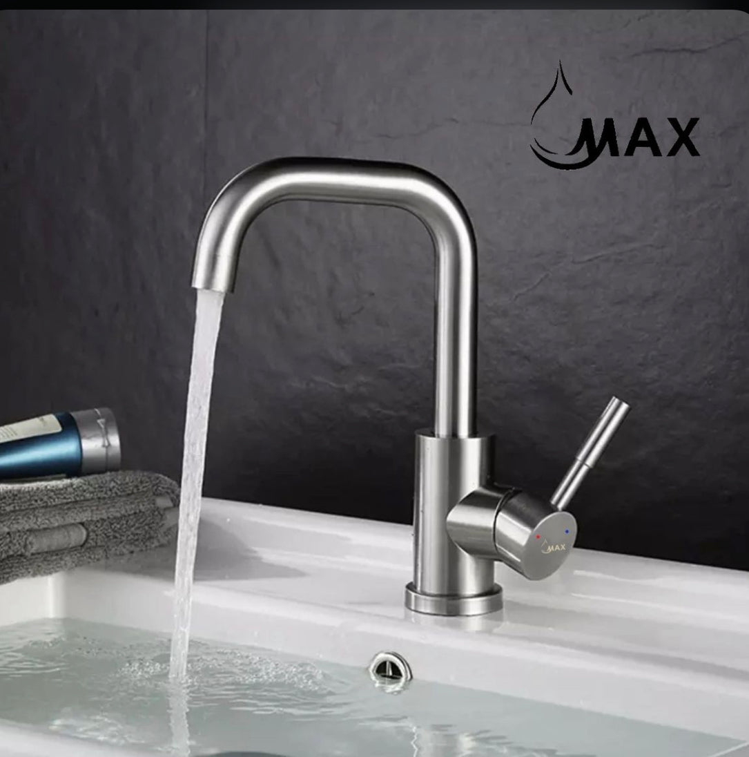 Premium brushed nickel bathroom faucet with high-arc gooseneck spout by MAX Faucets.