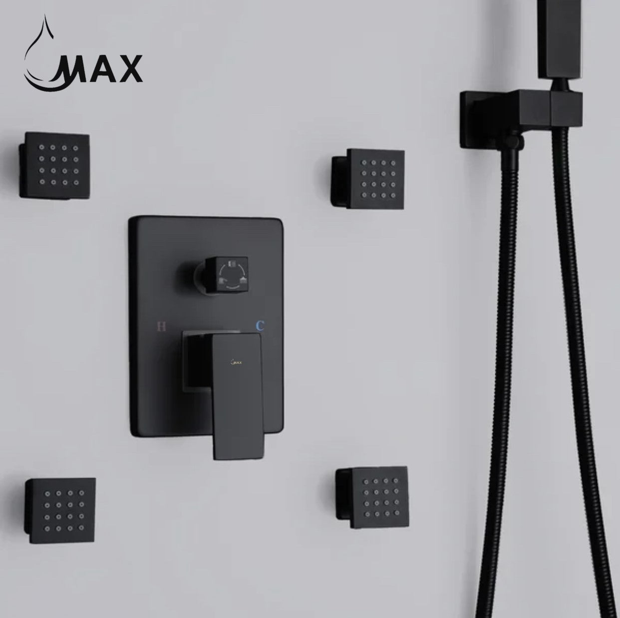 Luxury bathroom featuring MAX Faucets matte black shower system