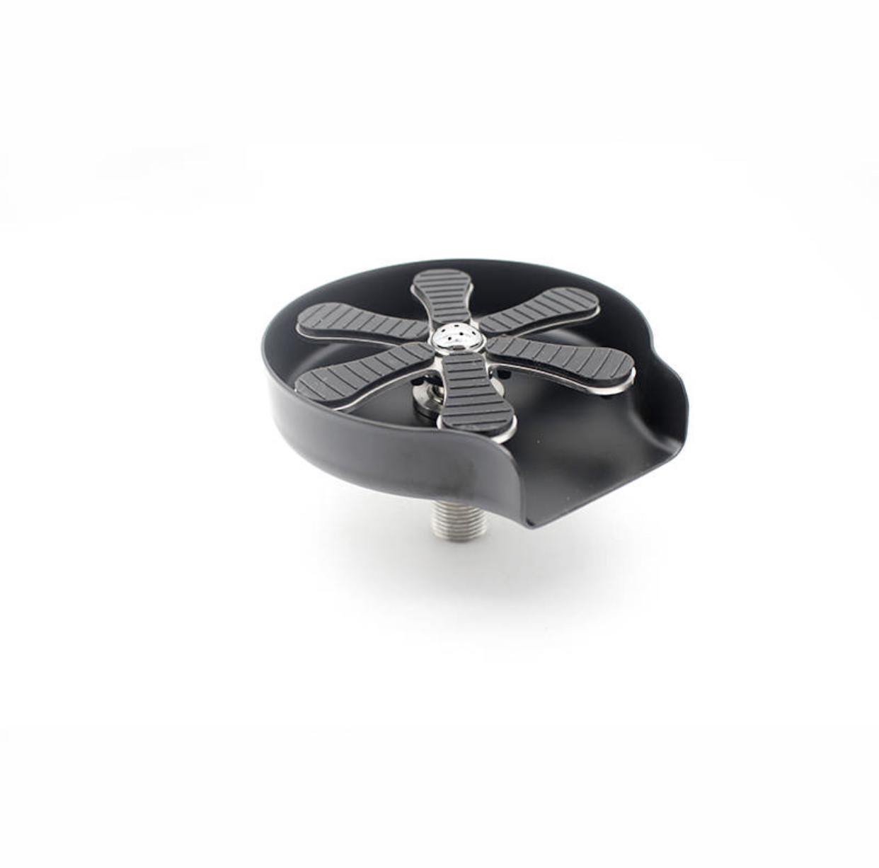 Matte black metal glass rinser for kitchen sink shown from above