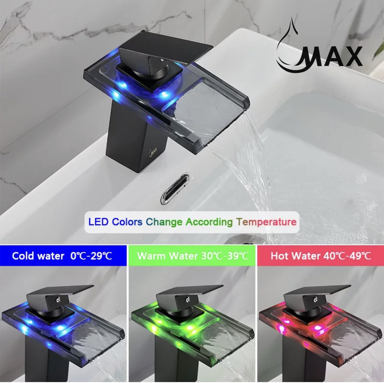 Black LED waterfall faucet with water flowing, featuring the MAX brand.