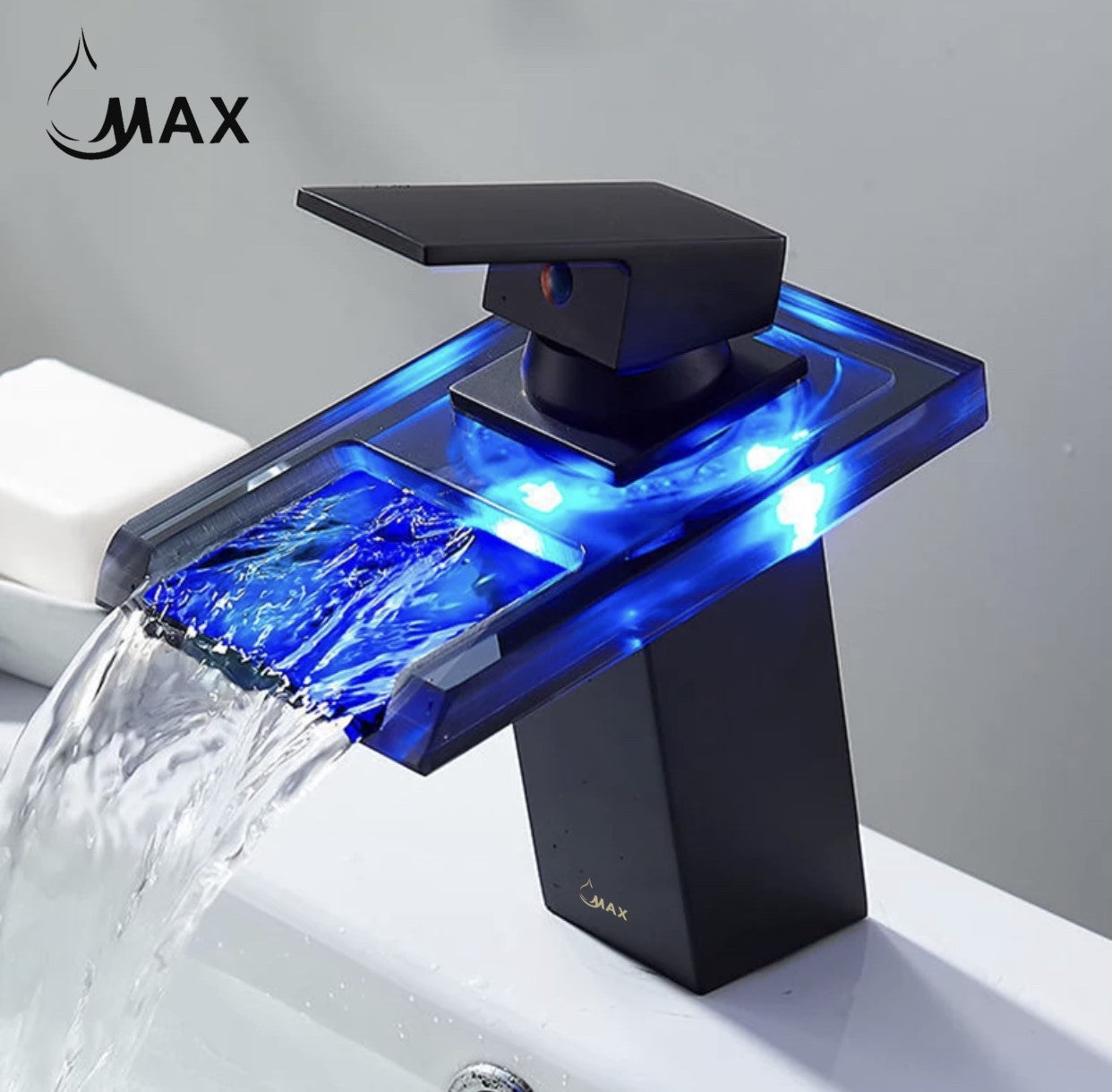 Black LED waterfall faucet with water flowing, featuring the MAX brand.