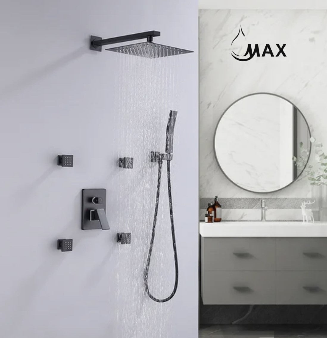 Front view of MAX Faucets matte black shower system with body jets