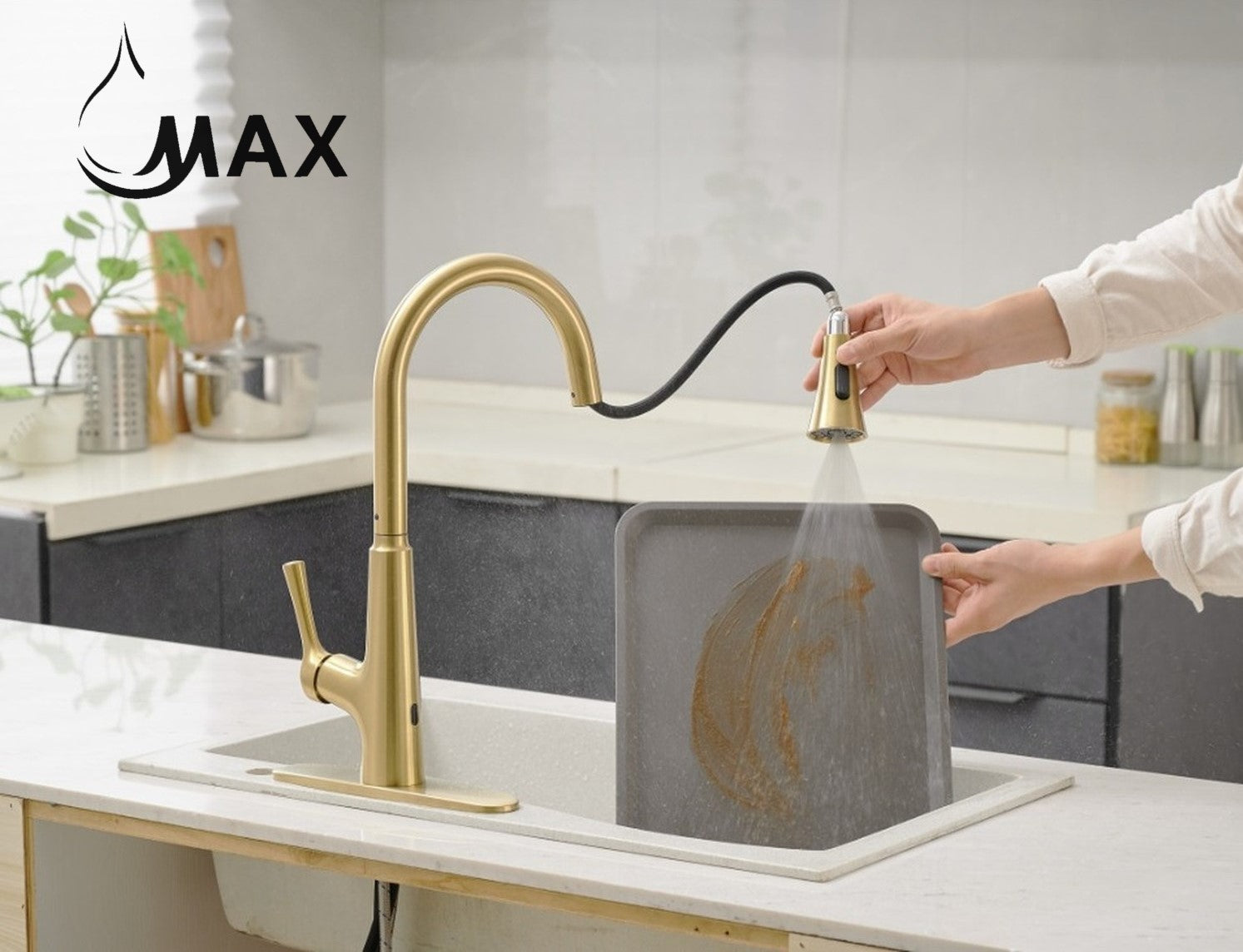 MAX Brushed Gold Touchless Kitchen Faucet in Powerful Spray Mode