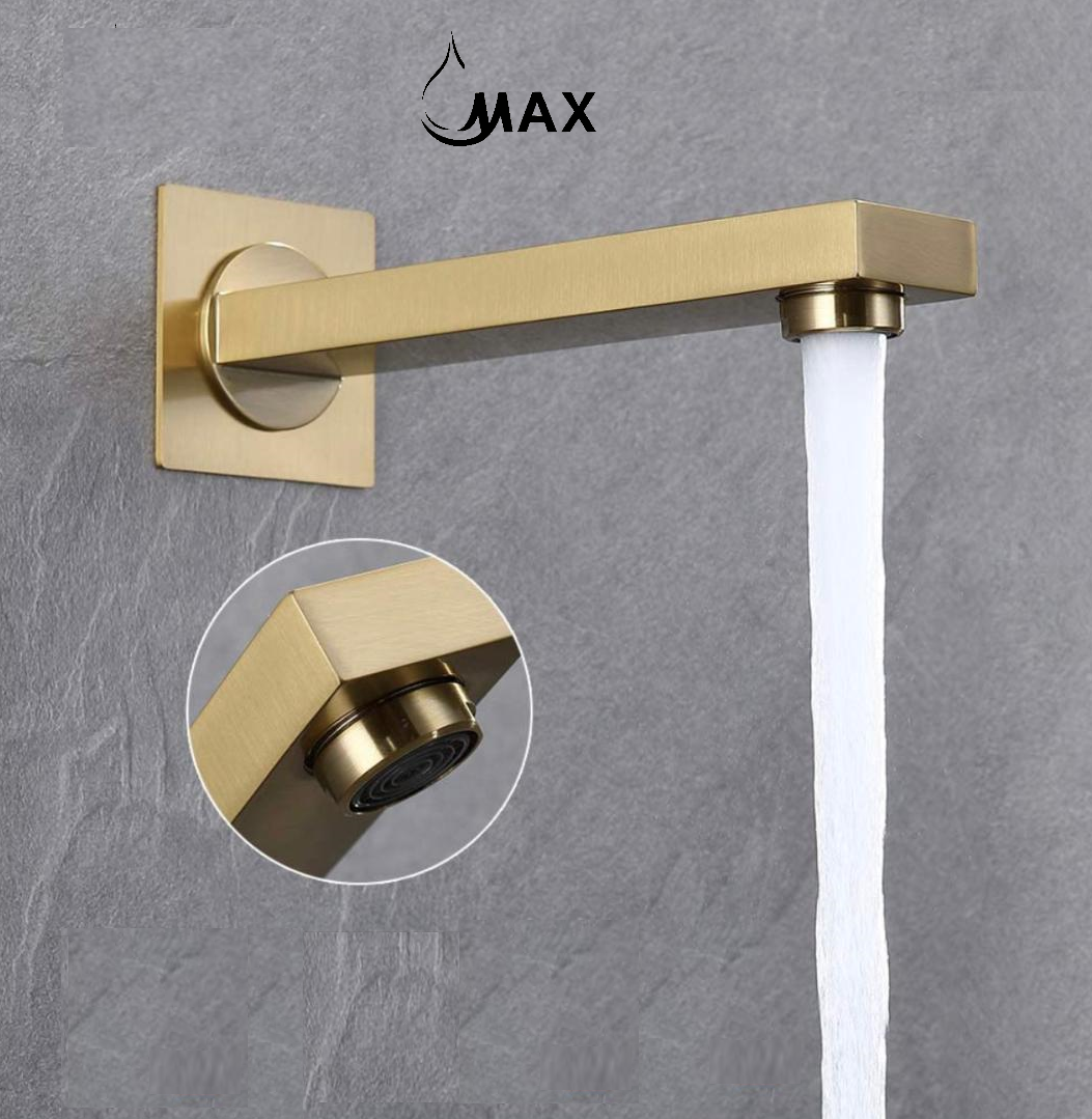 Close up detail of brushed gold finish on MAX Faucets 7 inch tub filler spout
