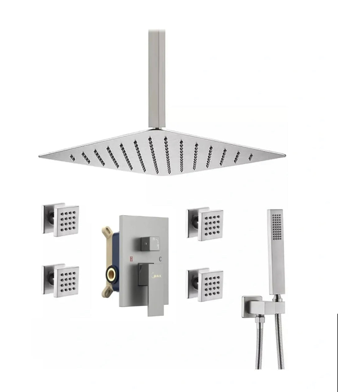 MAX Faucets brushed nickel ceiling shower system with 4 body jets, handheld shower and rainfall shower head