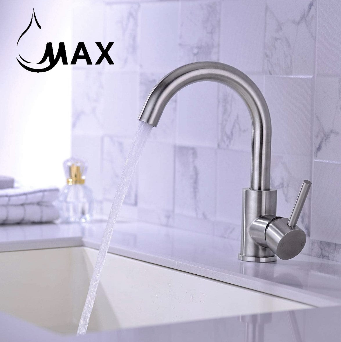 MAX Faucets brushed nickel bathroom faucet with easy-to-reach side handle and swivel spout.
