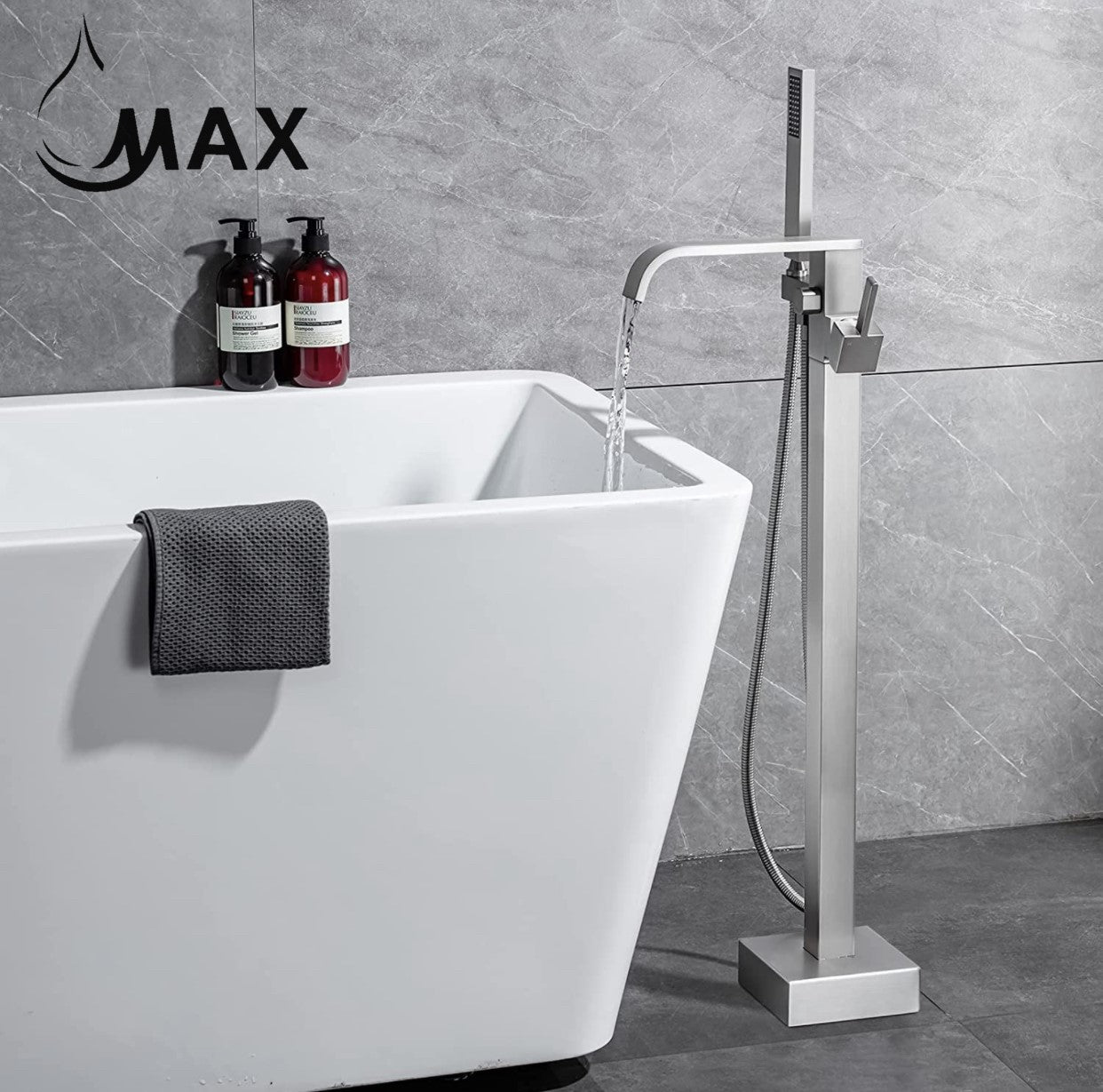 MAX Faucets | Floor Mount Tub Filler Waterfall Single Handle With Rough-In And Handheld Brushed Nickel Finish