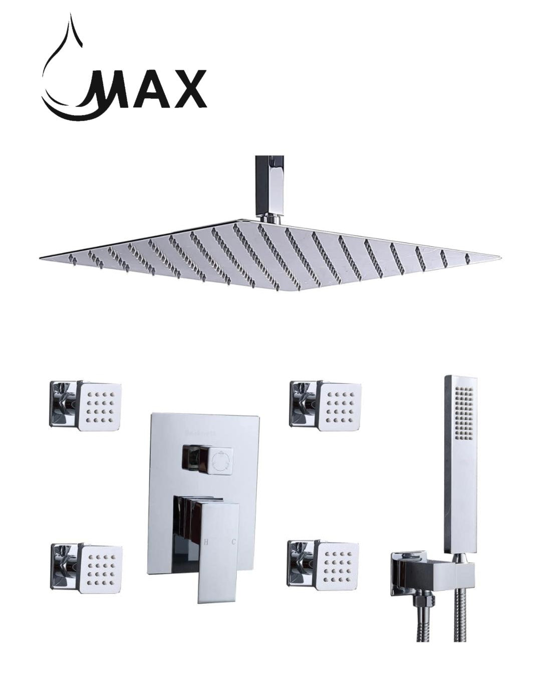 MAX Faucets chrome ceiling shower system with 4 body jets, handheld shower and rainfall shower head