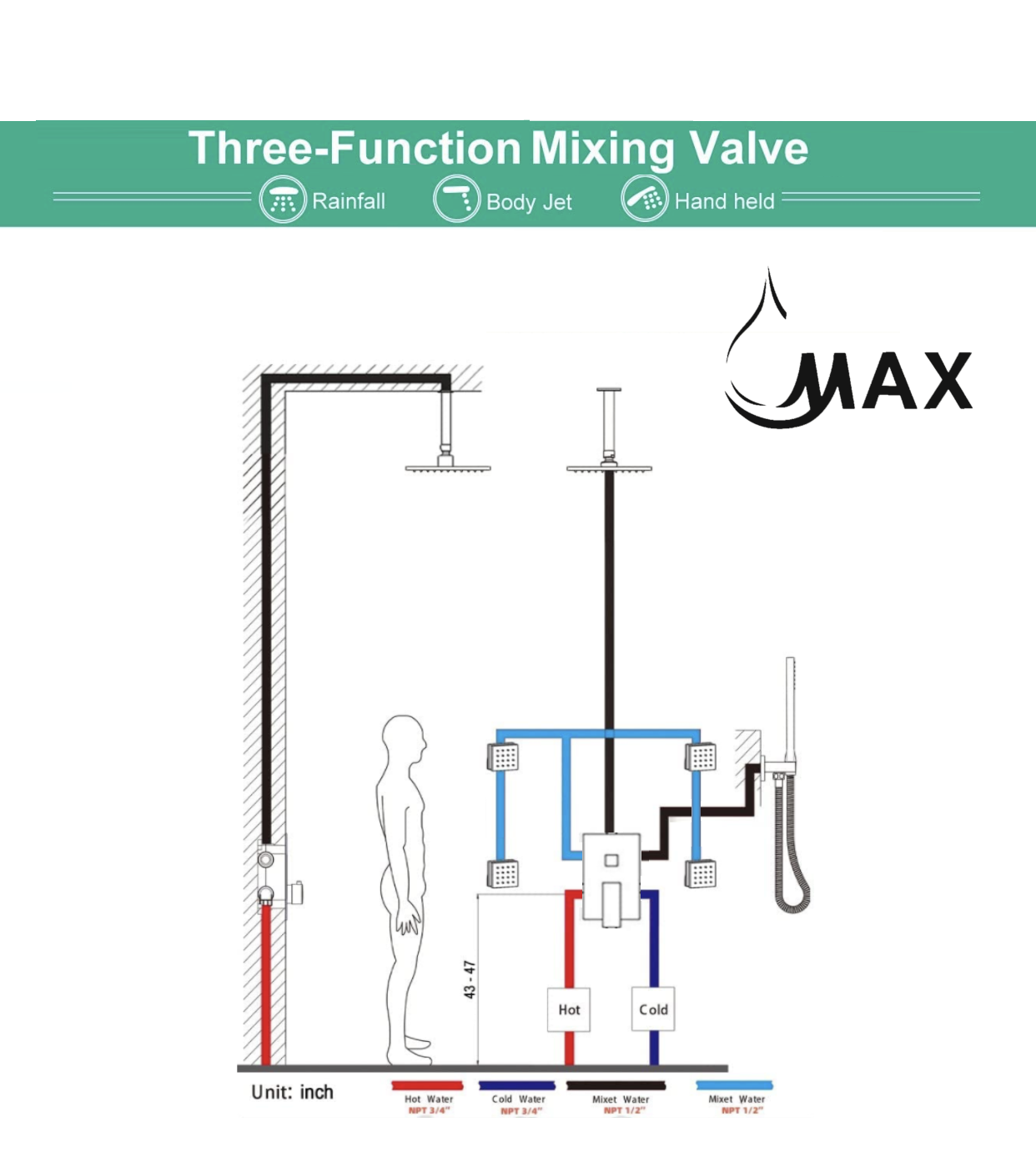 MAX Faucets installation guide for chrome ceiling shower system with 4 body jets and handheld shower