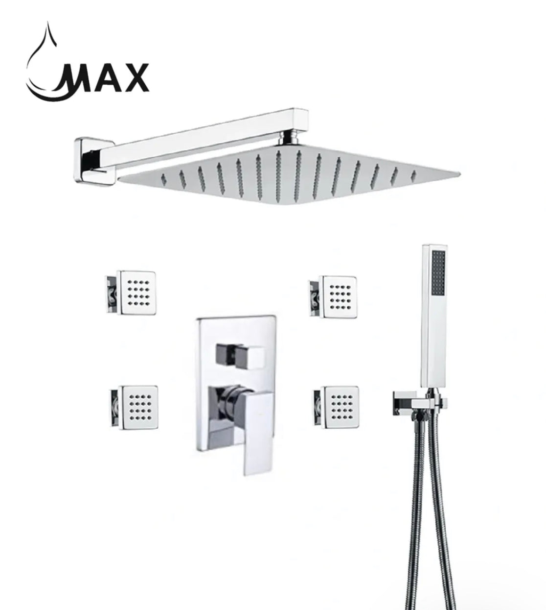 MAX Faucets chrome shower system with 4 body jets, handheld shower and rainfall shower head