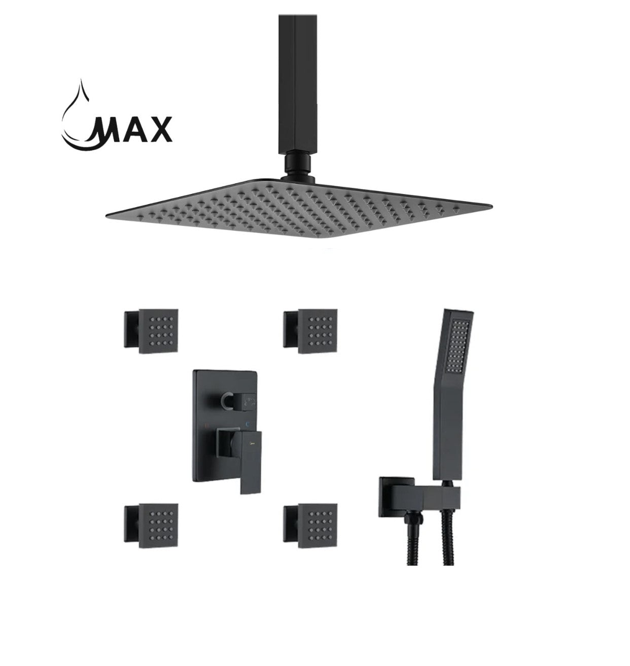 MAX Faucets matte black ceiling shower system with 4 body jets, handheld shower and rainfall shower head