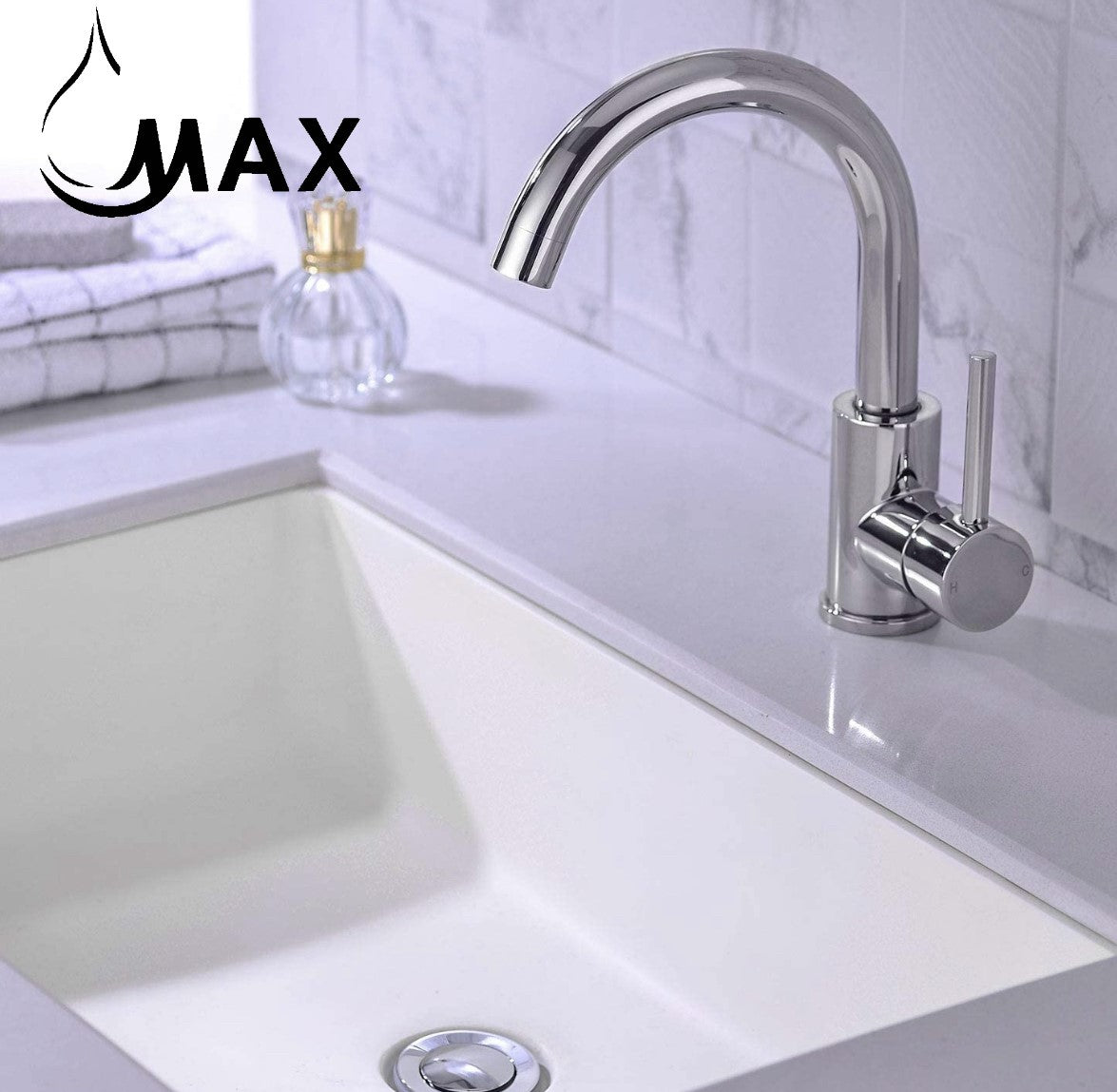 Chrome bathroom faucet by MAX Faucets styled in a modern luxury bathroom.