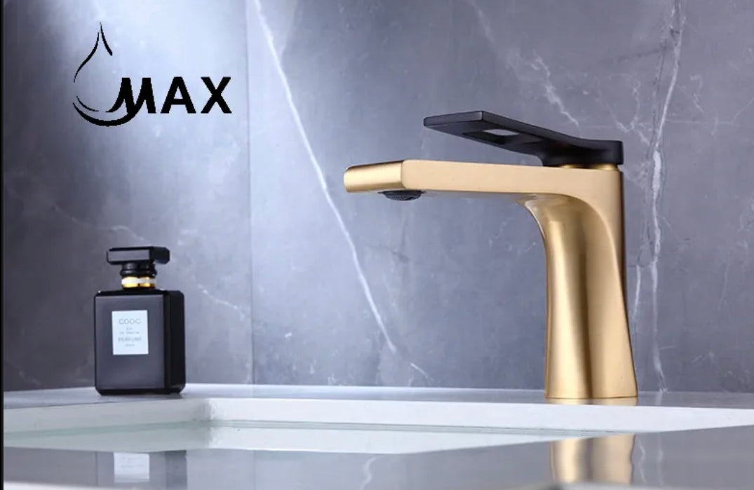 Brushed gold bathroom faucet with matte black handle installed on modern sink – MAX Faucets MW-1906-B/GB