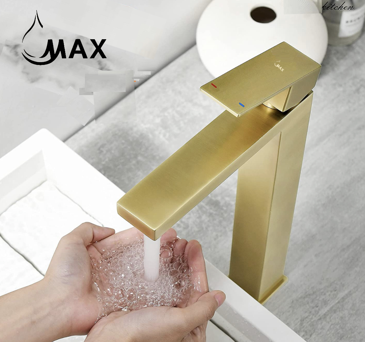 Gold tall faucet with water flowing into hands on a light gray background