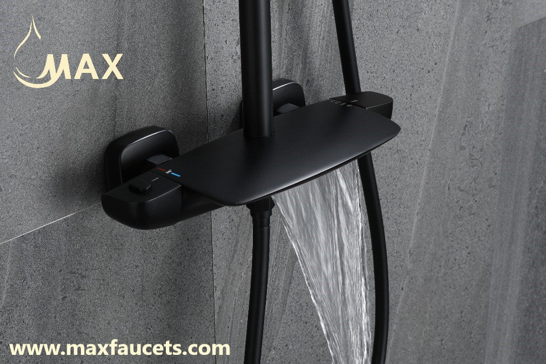 Modern bathroom with matte black thermostatic shower system and waterfall tub spout Canada