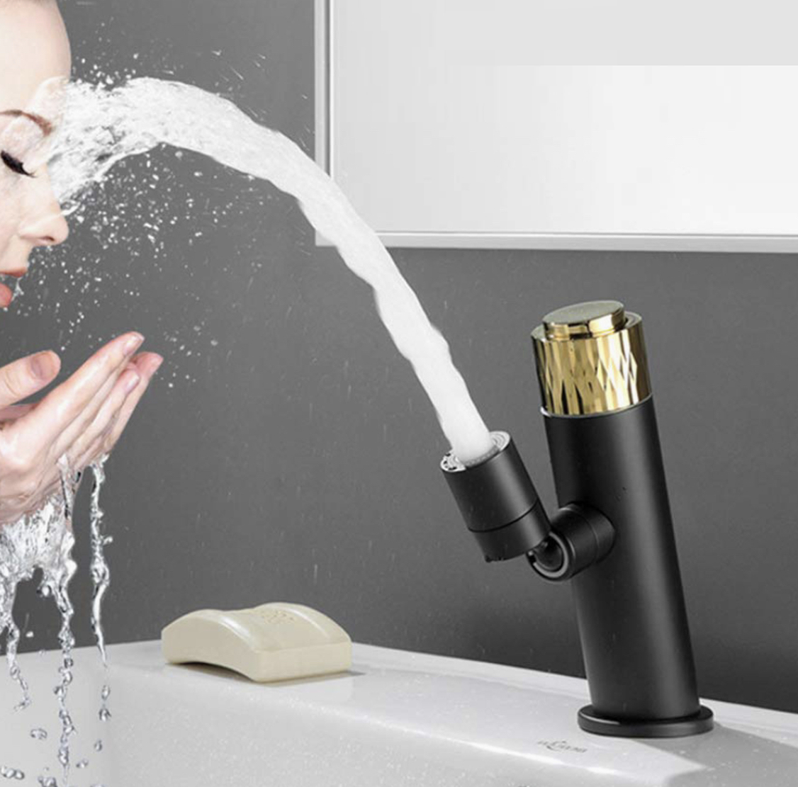 Smart Punch Knob Rotate Swivel Spout Bathroom Faucet Matte Black,Shiny Gold Knob Finish
