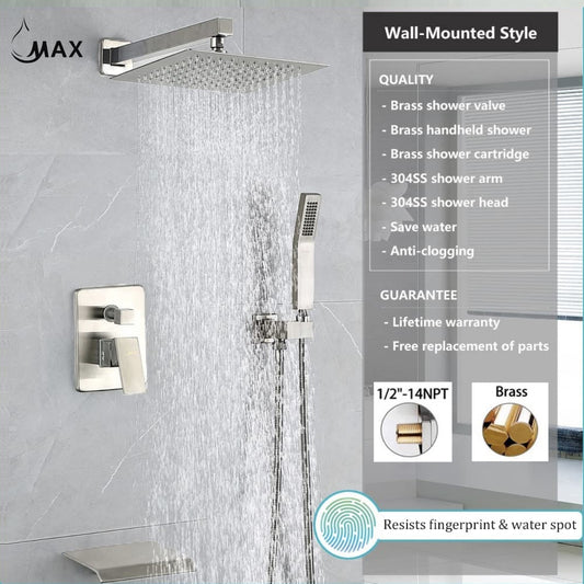 Tub Shower System Set Three Functions Waterfall Spout Brushed Nickel Finish