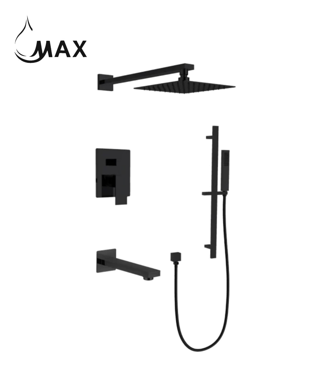 Square Wall Mounted Shower System Three Functions With Hand-Held Slide Bar Matte Black Finish