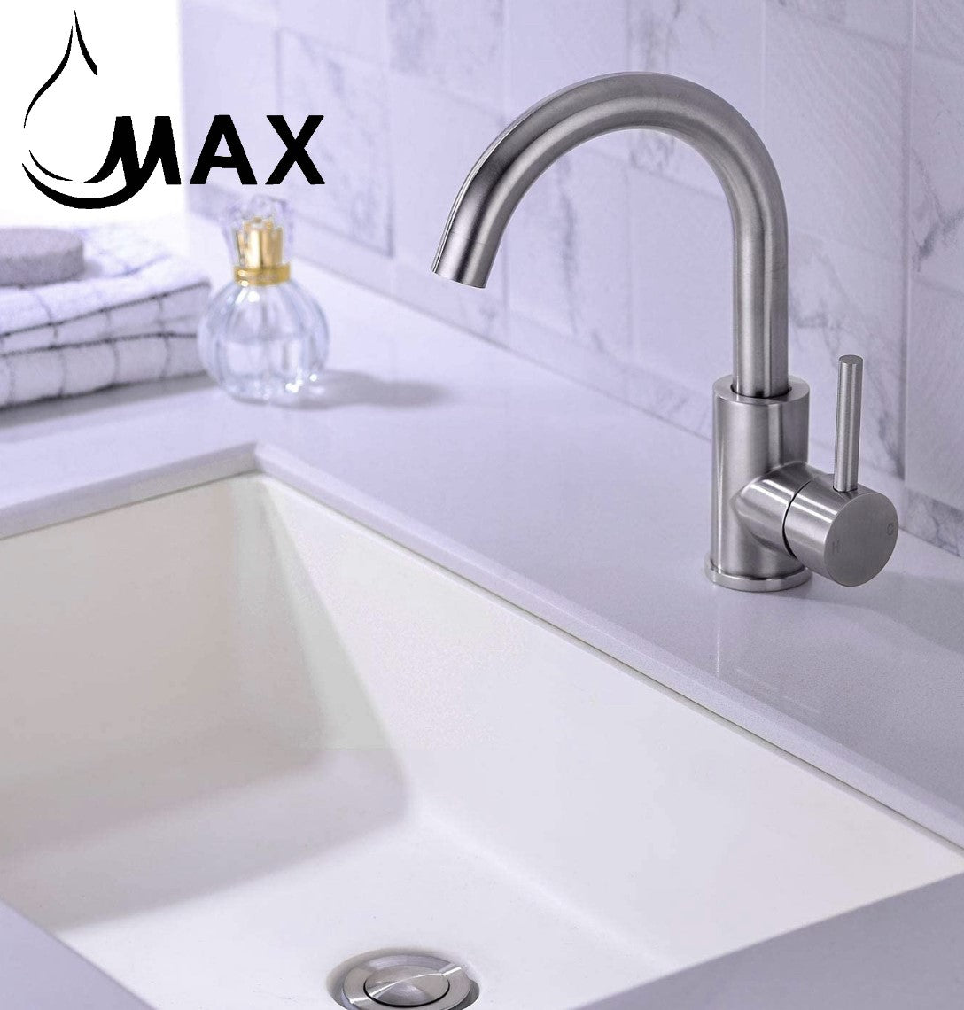 Premium MAX Faucets brushed nickel bathroom faucet with high-arc swivel gooseneck spout.