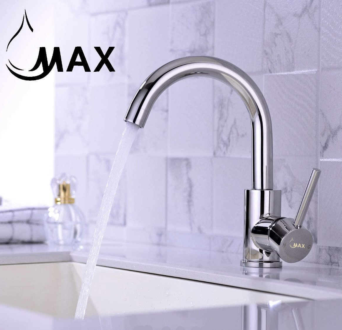 Premium MAX Faucets chrome bathroom faucet with high-arc swivel gooseneck spout.