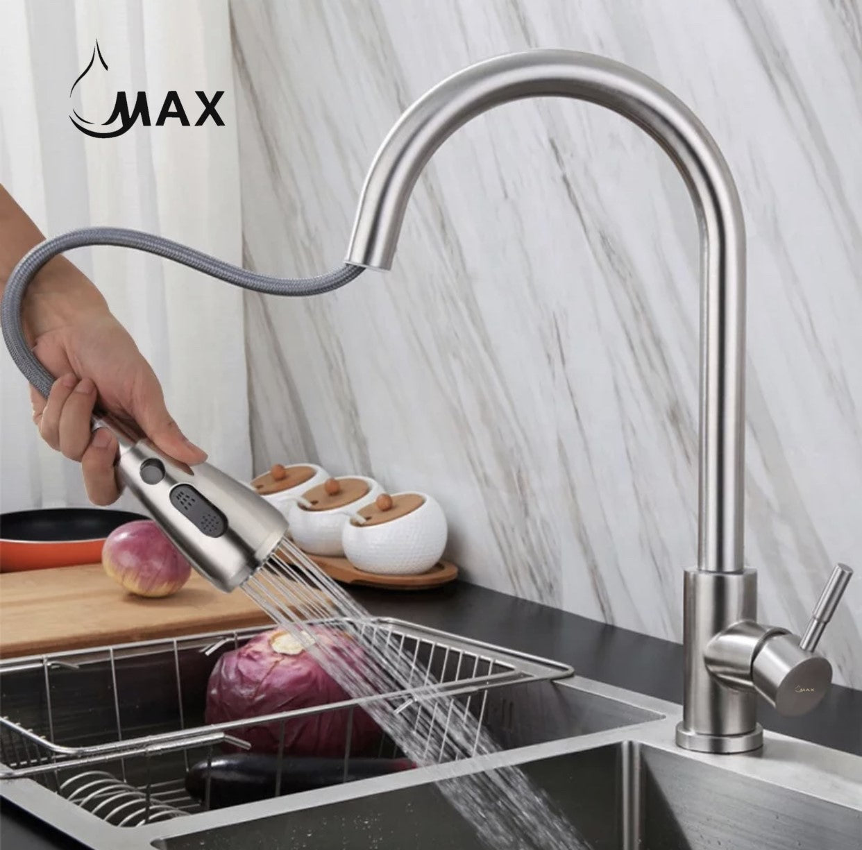 Pull-out kitchen faucet with extended hose and spray head in brushed nickel by MAX Faucets®