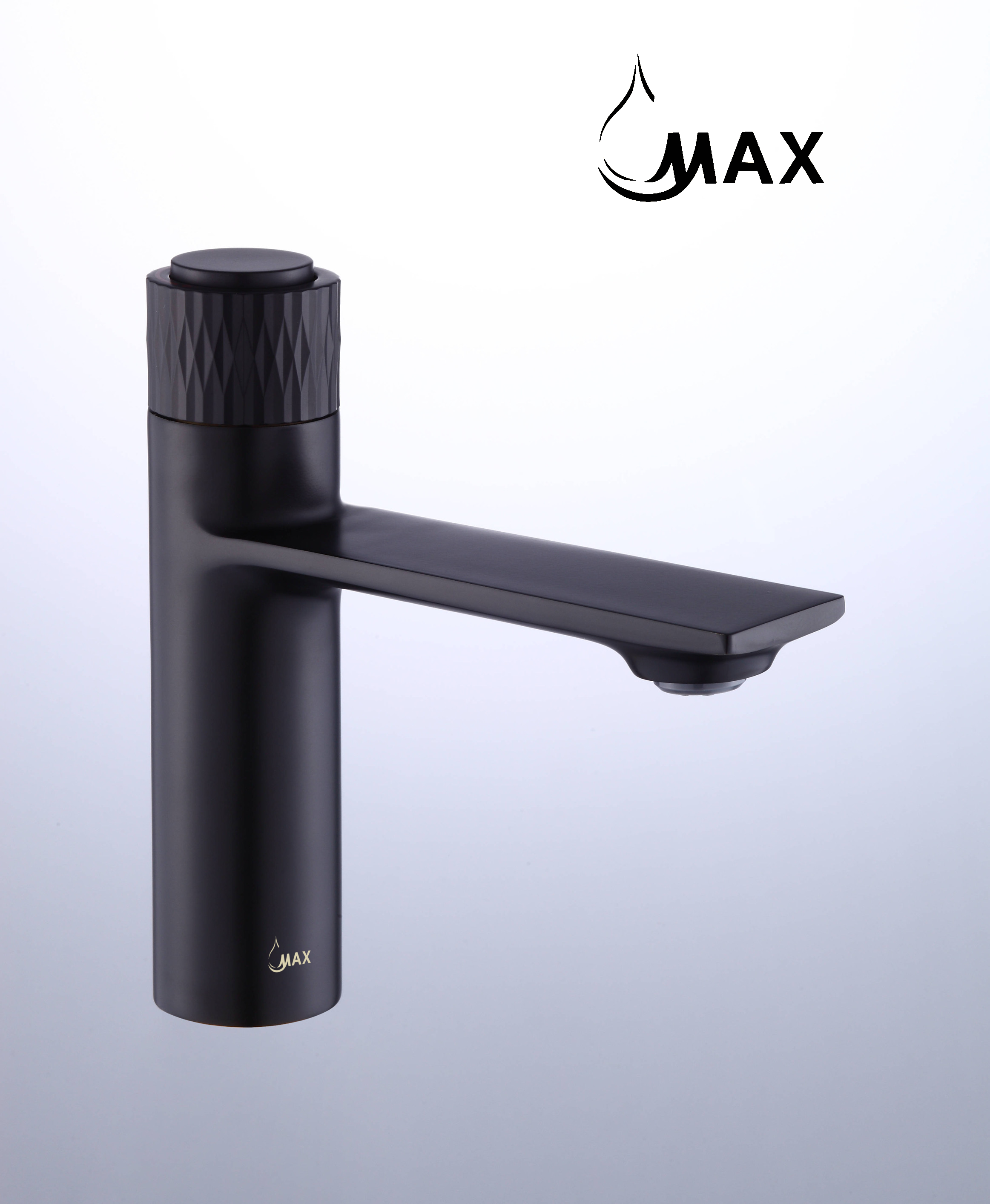 Black faucet with MAX branding on a light gray background