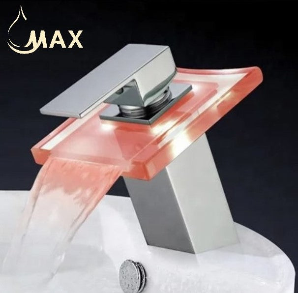 Single-handle chrome bathroom faucet with transparent glass spout