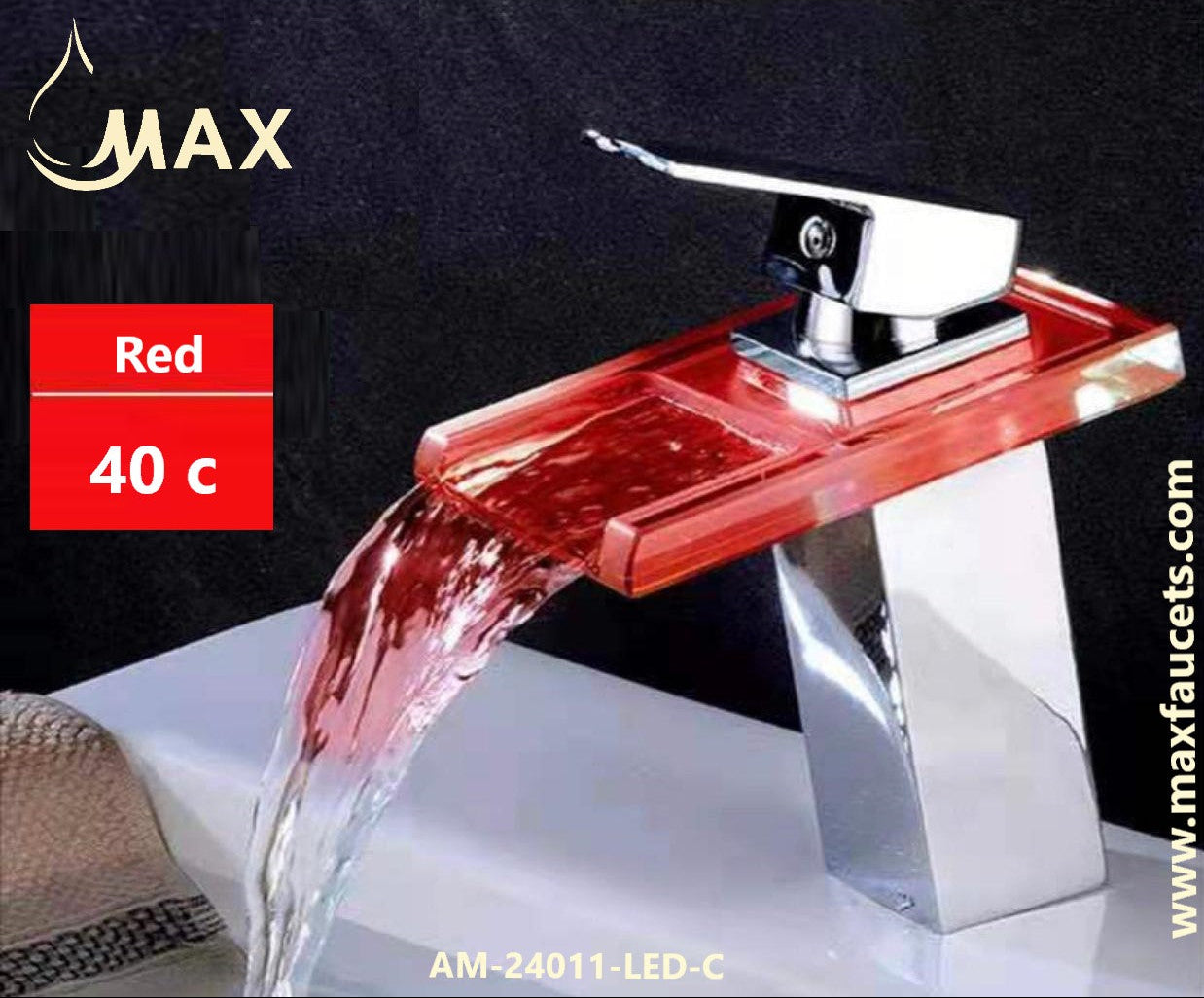 Chrome faucet with blue water flow on a black background, featuring the MAX brand.
