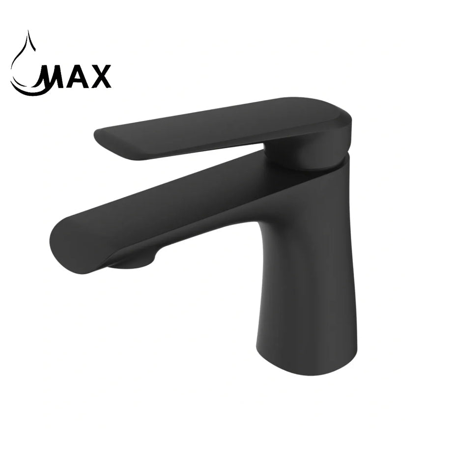 A matte black single-handle bathroom faucet with a modern curved spout and lever, shown on a plain white background with a black 'MAX' logo in the top-left corner.